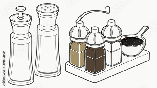 Kitchen Essentials Salt and Pepper Grinders Shakers with Spices and Peppercorns Line Art Vector for Cooking and Dining