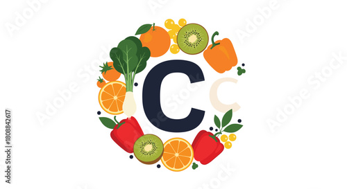 A vibrant illustration showcasing foods rich in vitamin C, including citrus fruits, kiwi, bell peppers, and broccoli, arranged around a large letter 'C'.