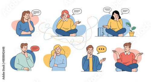 Diverse people thinking, brainstorming, asking questions, and communicating ideas or dilemmas, with thought bubbles and abstract connections illustrating complex interactions.