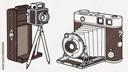 Classic Vintage Photography Cameras Illustration. Antique Folding and Large Format Photo Equipment for Retro Design, Historical Content, and Nostalgic Visuals.