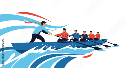 A business team rowing a boat together, symbolizing leadership, collaboration, and achieving common goals in a dynamic and challenging environment.
