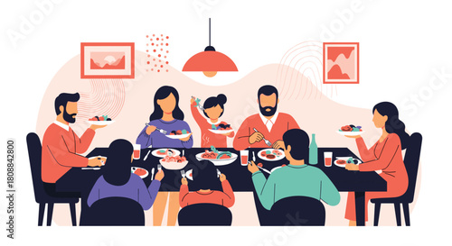 A diverse family gathers around a dining table enjoying a meal together, showcasing warmth, connection, and the joy of shared moments during a home dinner.
