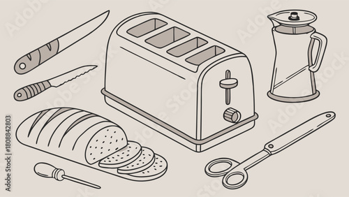 Minimalist Kitchen Appliances Line Art. Toaster, Kettle, Sliced Bread, Knives for Home Cooking, Breakfast Preparation, Food Blogs, and Recipe Websites.