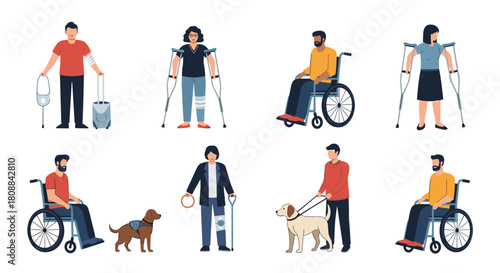 Diverse collection of cartoon characters showcasing people with various disabilities and using different assistive devices like wheelchairs, crutches, and service dogs, promoting inclusivity.