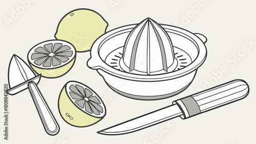 Fresh Lemons, Citrus Juicer, Peeler, and Knife for Healthy Cooking and Refreshing Drinks. Minimalist Line Art Illustration for Food Blogs and Recipes.