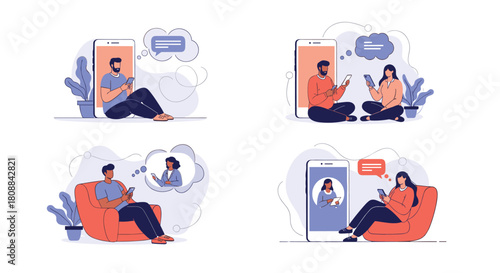 People connecting through smartphones in various cozy settings, illustrating modern communication and virtual relationships.