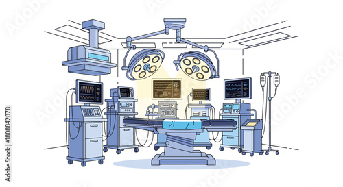Illustration of a modern operating room with surgical lights, medical equipment, and a surgical table, ready for a procedure.