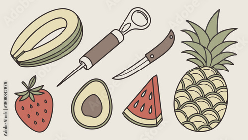 Fresh Healthy Summer Fruits and Kitchen Tools. Vibrant Tropical Produce for Recipe Blogs, Food Packaging, Nutrition Guides, and Web Design.