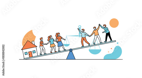 Illustration of a teeter totter balancing a house and family against a group of people representing community and unity.