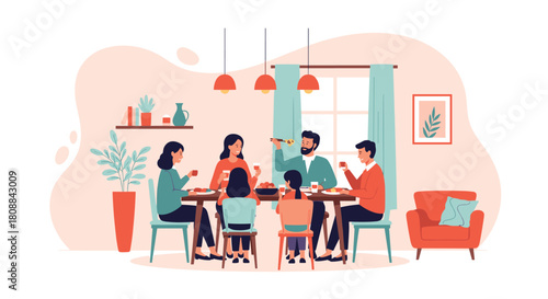 A heartwarming illustration depicts a multi-generational family joyfully sharing a meal together in a cozy, well-lit dining room, fostering connection and togetherness.