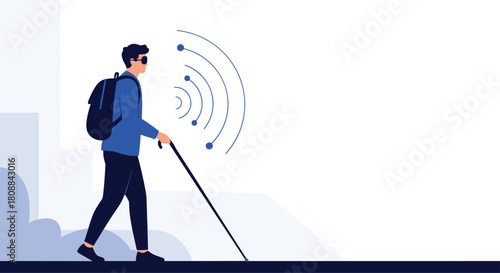 A visually impaired man confidently navigates an urban environment using a white cane, showcasing assistive technology and independent mobility in a modern city setting.