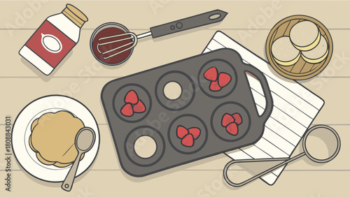 Homemade Pancake and Strawberry Baking Flat Lay with Kitchen Tools for Delicious Breakfast Recipes, Sweet Treats, and Food Blogs