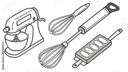 Essential Kitchen Tools Line Art. Stand Mixer, Whisks, Pasta Maker for Homemade Baking, Cooking, Food Preparation, Delicious Recipes, and Culinary Websites.
