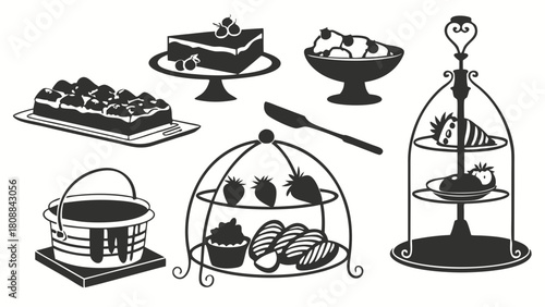 Elegant Delicious Dessert Silhouette Vector Icons Cakes Pastries Ice Cream Tea Party Sweets Bakery Cafe Menu Food Graphic Design