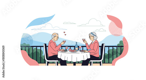 An elderly couple enjoys a romantic dinner on a balcony overlooking a scenic landscape, toasting with wine glasses and sharing a loving moment.