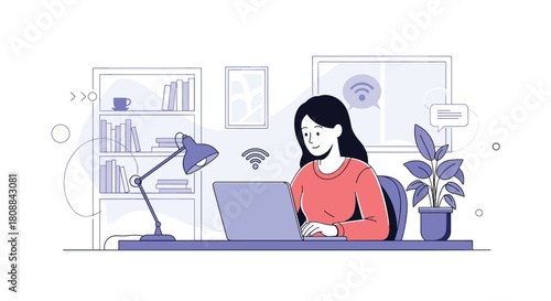 A young woman works remotely on a laptop at a tidy desk with a bookshelf and plant, enjoying a connected lifestyle and comfortable home office setup.
