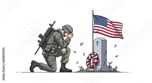A solemn soldier kneels in remembrance at a gravesite adorned with a wreath and American flag, honoring fallen heroes with respect and grief.