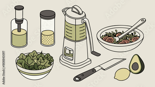 Isometric Illustration of Healthy Salad Preparation with Fresh Ingredients and Kitchen Tools for Wholesome Cooking and Nutrition.