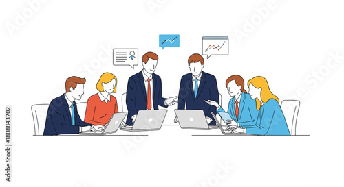 A diverse group of business professionals collaborate around a table with laptops, discussing charts and data in a meeting, suggesting teamwork and strategy.