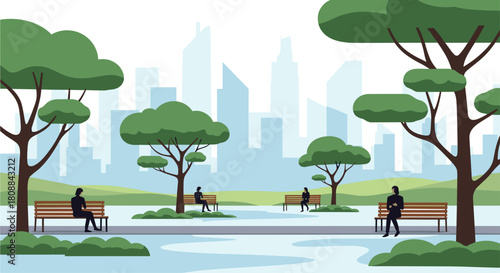 A serene park scene in an urban landscape, featuring trees, benches, and silhouetted figures enjoying the peaceful atmosphere of the public space, with city buildings in the background.