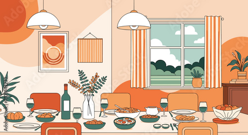 An illustrated dining room scene with a table set for a meal, a window with a view, and warm-toned decor, creating a cozy and inviting atmosphere.
