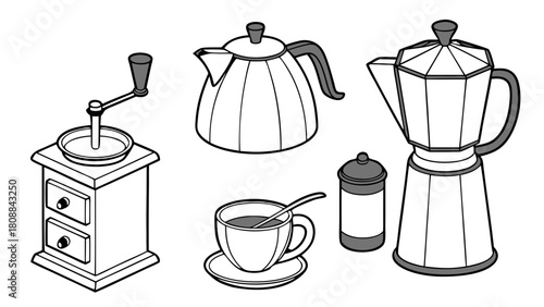 Manual Coffee Grinder Moka Pot Kettle and Cup Line Art Illustration for Fresh Morning Brew Kitchen Decor and Cafe Menu Design