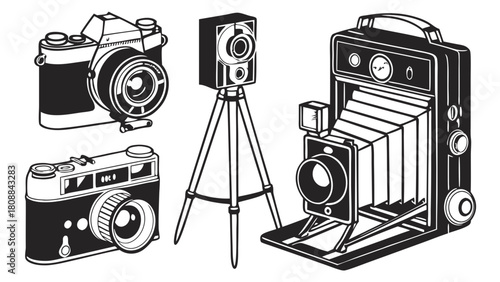 Vintage Photography Cameras Collection Retro Film Equipment Classic Devices for Creative Design Marketing Web Art and Nostalgic Studio Projects