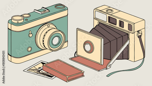 Retro Photography Isometric Illustration Vintage Cameras Photo Album and Prints for Nostalgic Design Creative Projects and Memory Themes