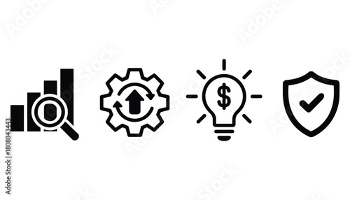 Black icons for analytics growth gear idea and security shield with checkmark on white background chart