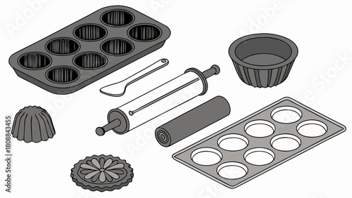 Isometric Baking Essentials Vector Illustration. Muffin Pans, Rolling Pin, Cake Molds for Home Baking, Dessert Recipes, and Culinary Blogs.