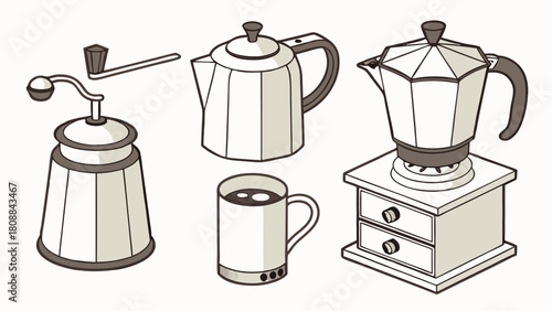 Artisanal Coffee Brewing Equipment Set. Isometric illustration of manual grinder, Moka pot, kettle, and mug for home barista and cafe branding.