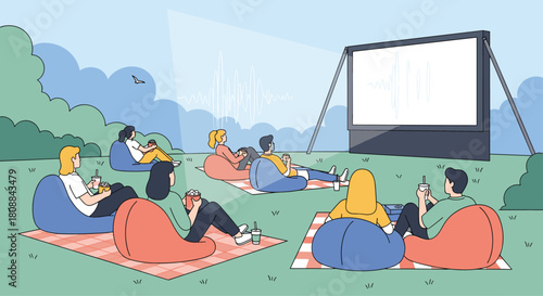 Outdoor movie night with friends, enjoying a film on a summer evening, socializing and relaxing on blankets and bean bags, watching a projector screen under the open sky, with drinks and snacks.