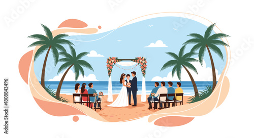 Beach Wedding Ceremony Illustration: A joyful celebration under a flower-adorned archway, surrounded by swaying palm trees and the serene ocean view, creating a memorable moment.
