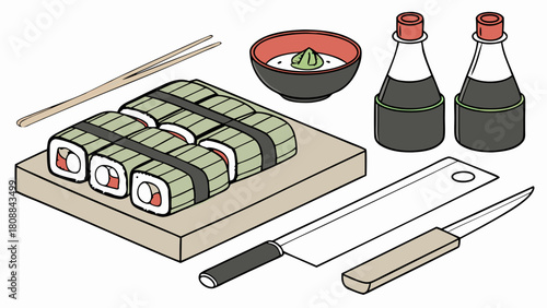 Fresh Isometric Japanese Cuisine Sushi Meal Prep Set for Restaurant Menu and Healthy Food Blog