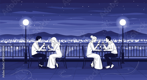 Couples enjoying a romantic dinner on a balcony overlooking a sparkling city at night under a starry sky.