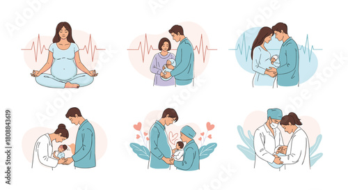 Illustrative set of images depicting various stages of pregnancy, childbirth, and parenthood, showcasing the journey from prenatal wellness to newborn care and family bonding.