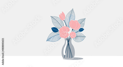 A delicate arrangement of pink camellia flowers in a gray vase sits on a white surface, creating a serene and minimalist still life composition.