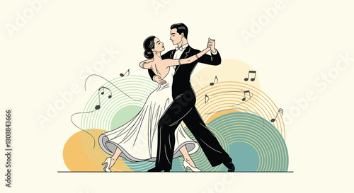 Elegantly illustrated couple gracefully dancing with musical notes and circles creating a vibrant backdrop, perfect for artistic and romantic themes.