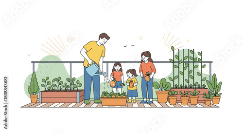 A happy family enjoys urban gardening on their balcony, with the father watering plants and children harvesting vegetables, promoting a healthy, sustainable lifestyle.