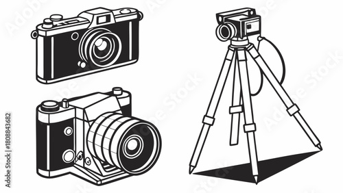 Retro Film Cameras and Tripod Illustration. Classic Photography Equipment for Creative Design, Art Projects, and Hobby Content.