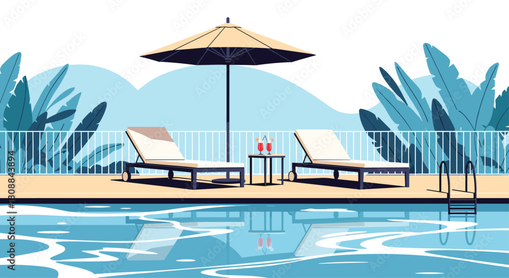 Fototapeta premium Relaxing poolside scene with lounge chairs, umbrella, drinks, and refreshing water with reflections.