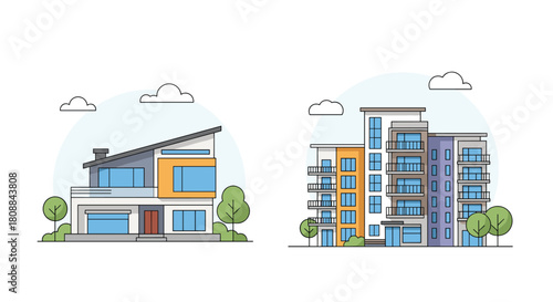 Modern house and apartment buildings with trees and clouds in a flat design style.