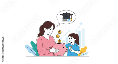 A caring mother and her daughter actively save money in a pink piggy bank, thoughtfully planning and investing in the child's future education and financial growth.