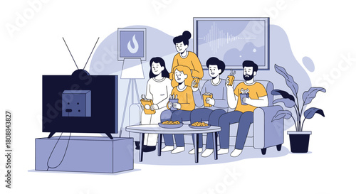 A happy family enjoys a cozy evening together watching television with snacks and drinks in a comfortable living room setting.