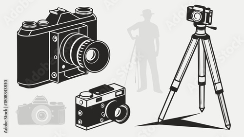 Classic Vintage Photography Equipment Retro Cameras Tripod and Photographer Silhouette for Creative Hobbyists Photo Studio and Design