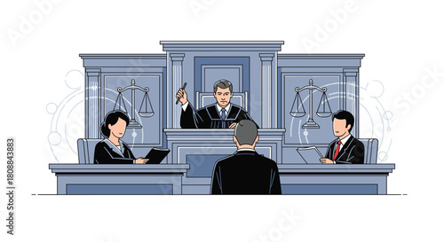 A Courtroom Scene Illustrates the Judicial Process, Depicting a Judge Presiding Over a Case with Lawyers Present, Representing Justice, Law, and Legal Proceedings.