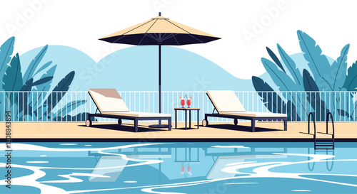Relaxing poolside scene with lounge chairs, umbrella, drinks, and refreshing water with reflections.