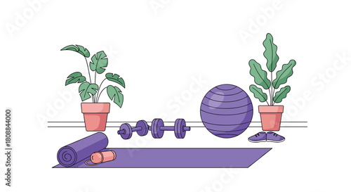 Home fitness setup with exercise mat, dumbbells, stability ball, and potted plants creating a peaceful workout space for health and wellness.