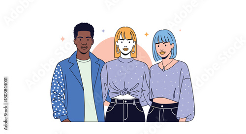Diverse group of young adults posing together, showcasing modern fashion and a friendly vibe, representing inclusivity and contemporary style.