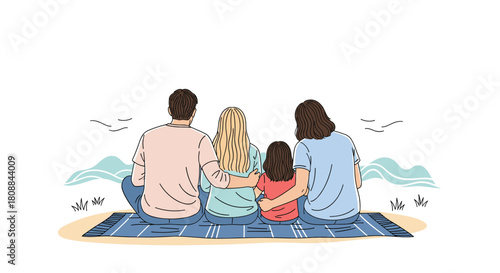 A family of four sits on a picnic blanket, enjoying a scenic view of the ocean and sky.